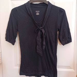 Merona Tie Collar V Neck Black Blouse Women's Sz Small